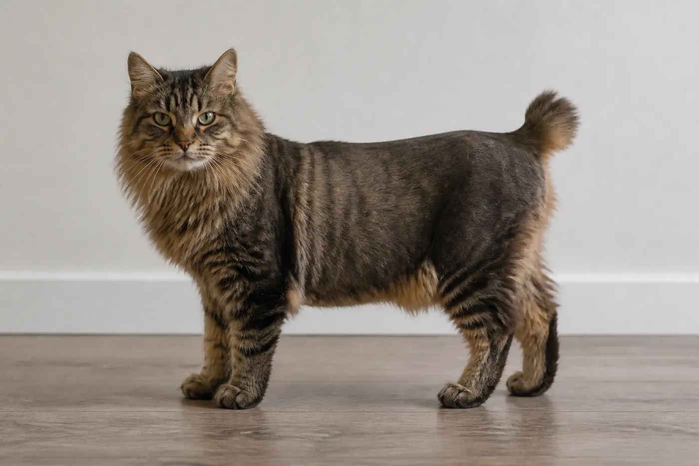A semi-longhaired cat seen side on with a shaggy ruff at the neck and longer fur on the hind legs over a close-lying body coat