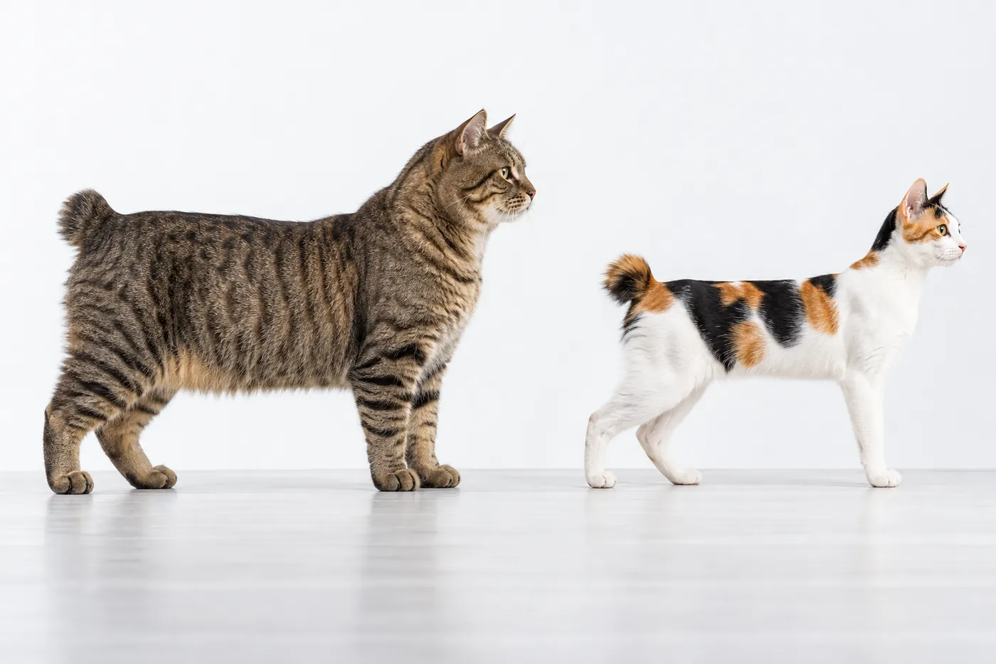 An American Bobtail and a Japanese Bobtail standing in side profile on the same baseline