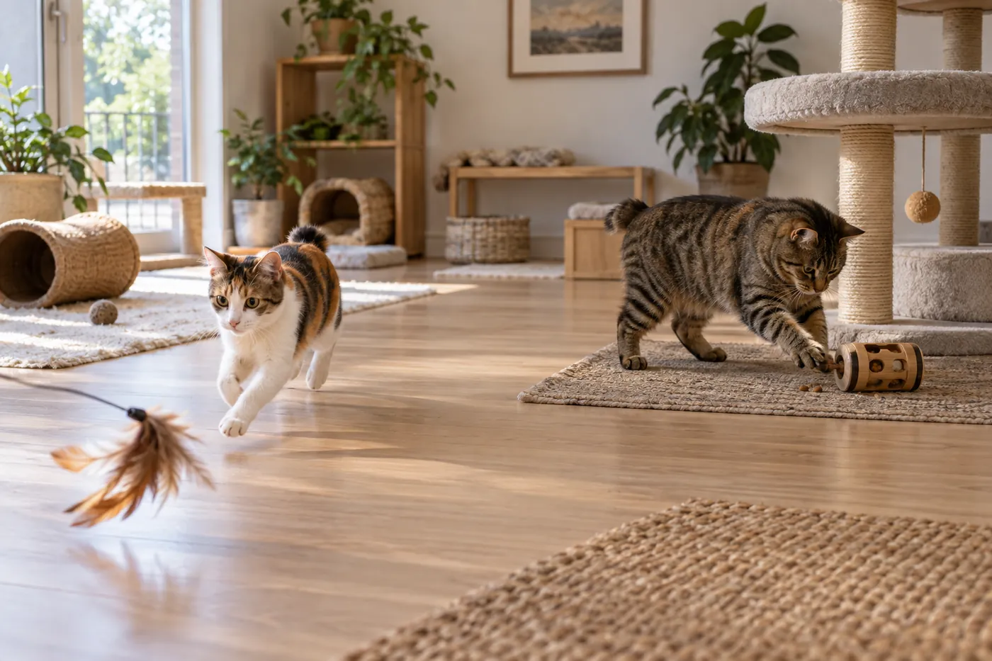 A Japanese Bobtail chasing a wand toy across an open lane while an American Bobtail works a food puzzle beside a broad platform