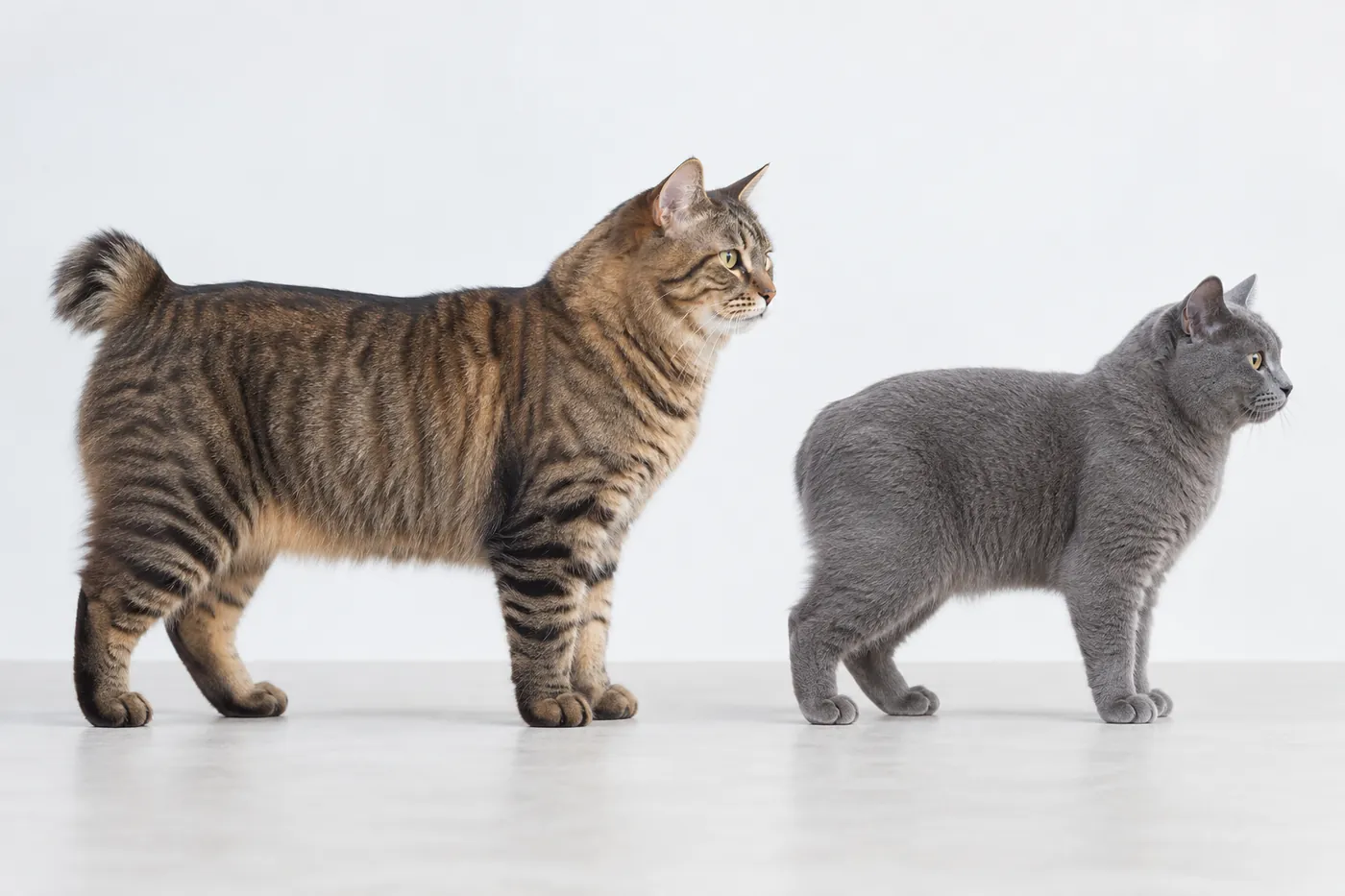 An American Bobtail and a Manx standing in side profile on the same baseline
