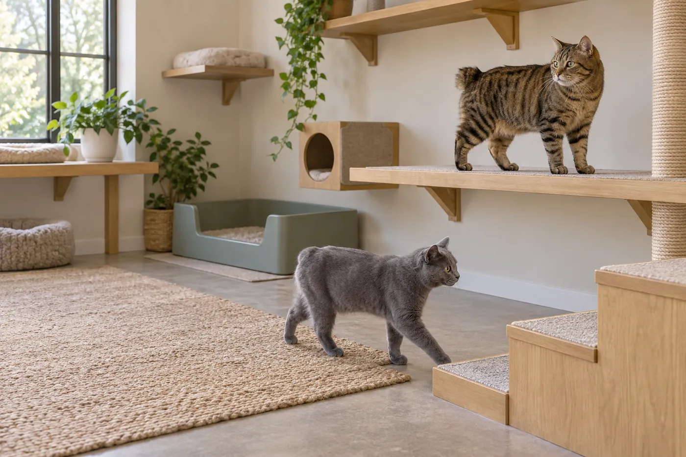 A room with broad stable climbing platforms, grippy steps and an accessible low litter tray for an American Bobtail and Manx