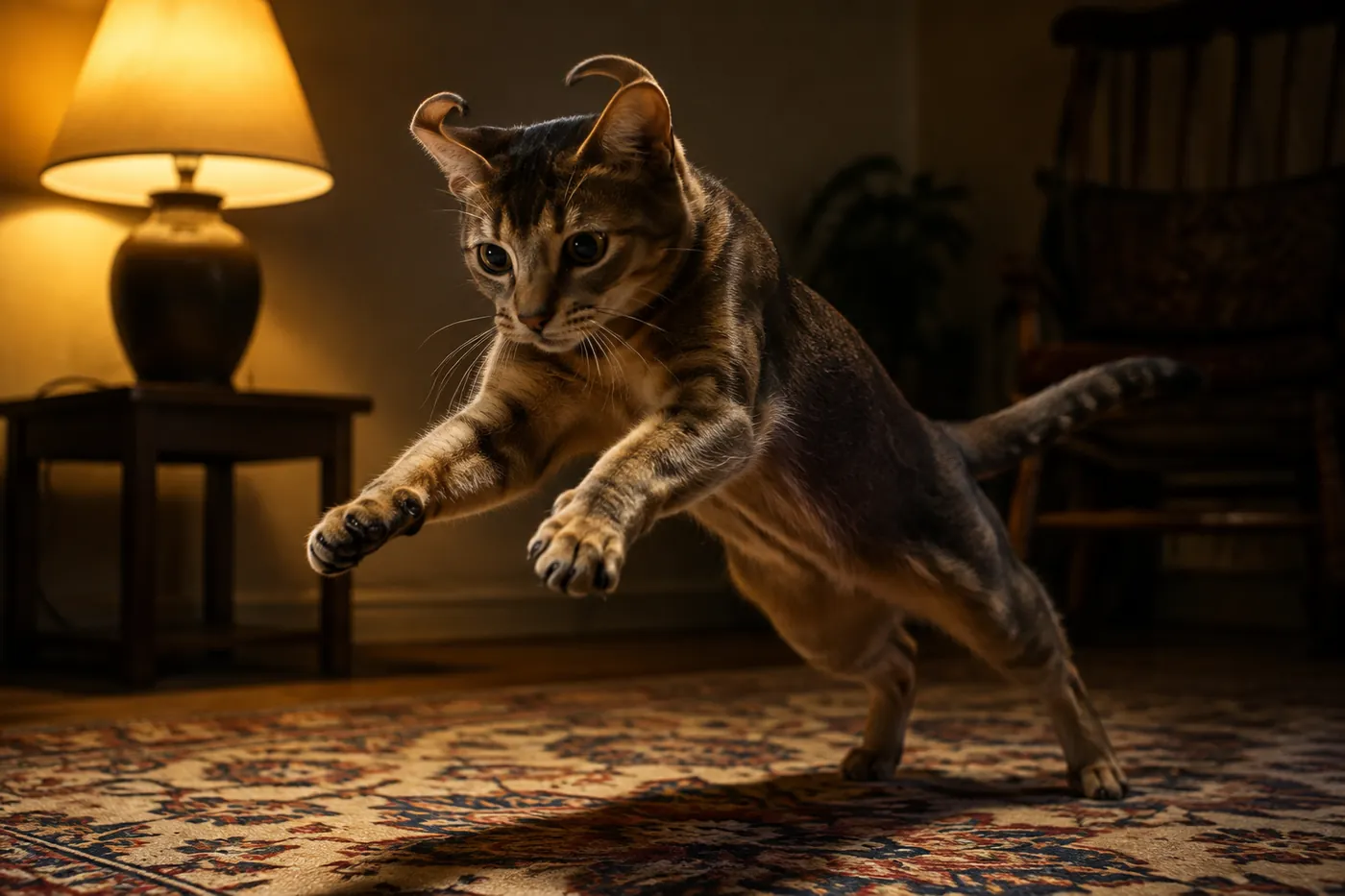 An adult cat with curled ears mid-play on a rug with both front paws off the floor