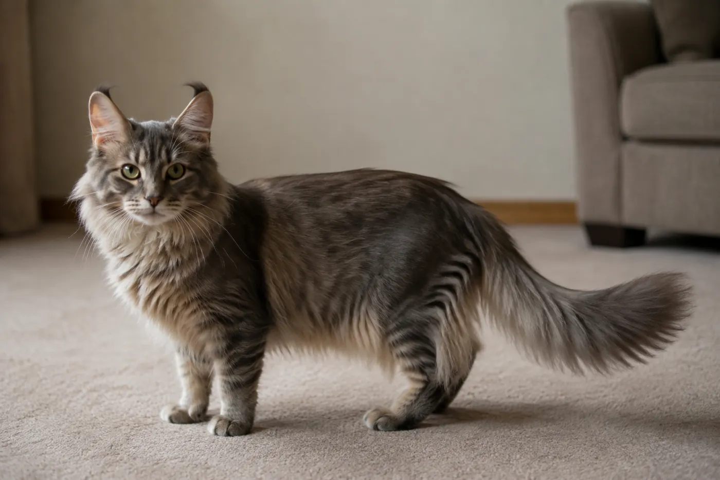 A long-coated cat with curled ears showing a plumed tail carried out behind it