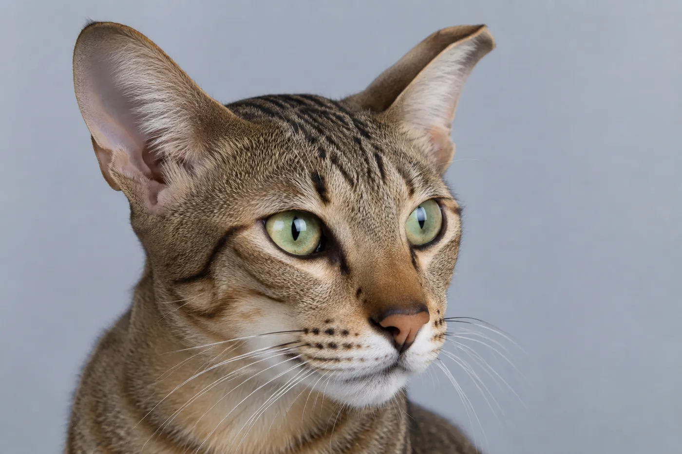 The head of a cat whose ears curve back only very slightly, close to straight
