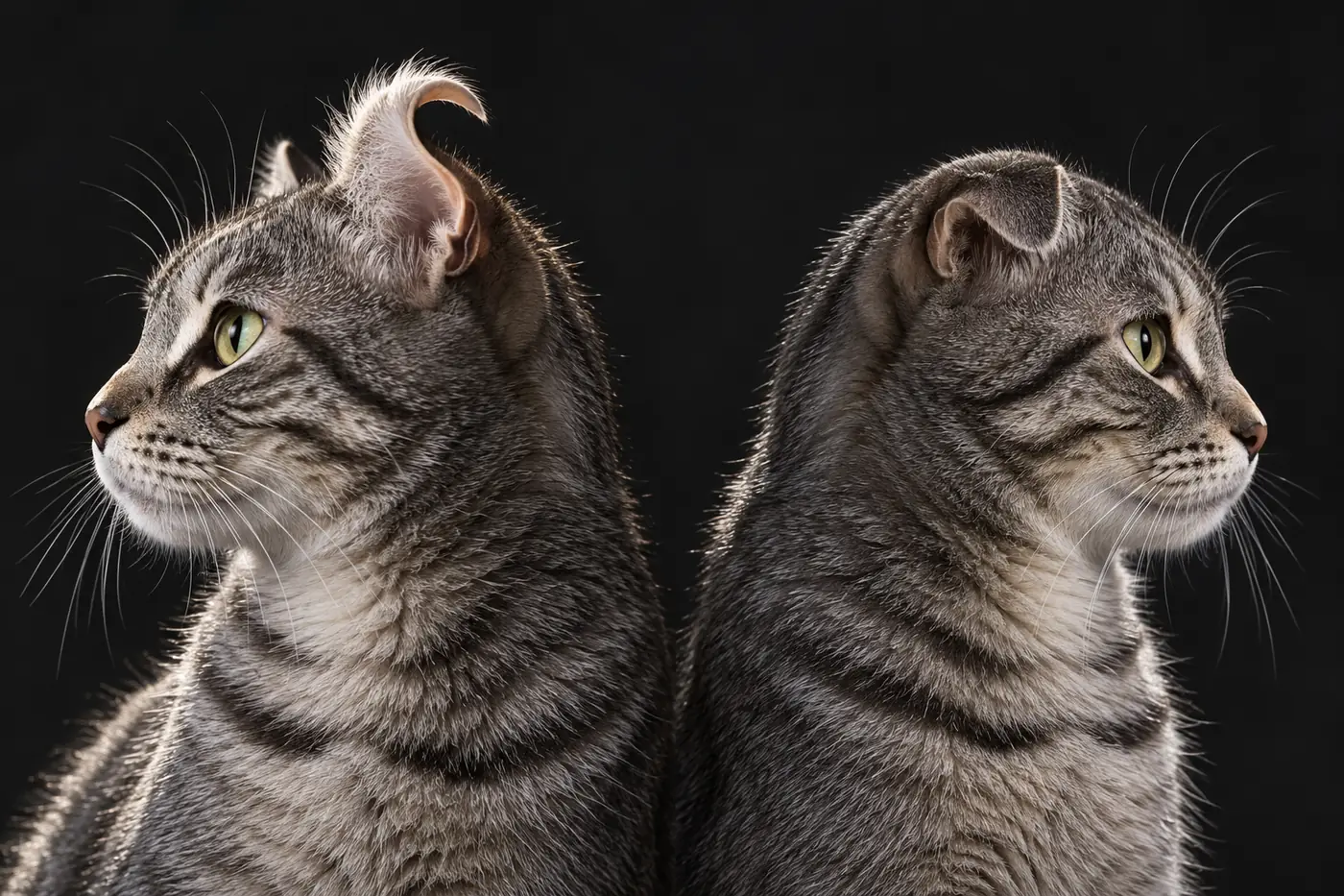 Two grey tabby cats in side profile, one ear curling backward and one ear folded forward against the head