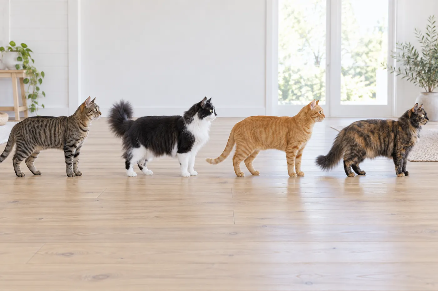 Four muscular medium-sized cats in side profile: a short brown tabby, a long-coated black and white, a ginger and a tortoiseshell