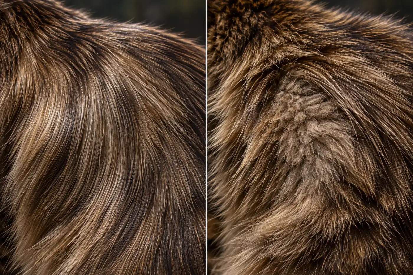 Two long-haired coats side by side, one fine and silky lying flat, one with a thick woolly undercoat beneath longer hairs