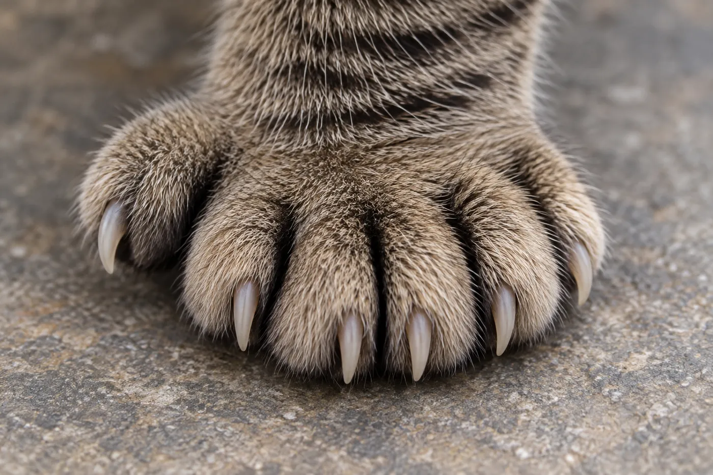 Close view of a tabby front paw with six toes, the extra toe set on the inner side of a broad foot