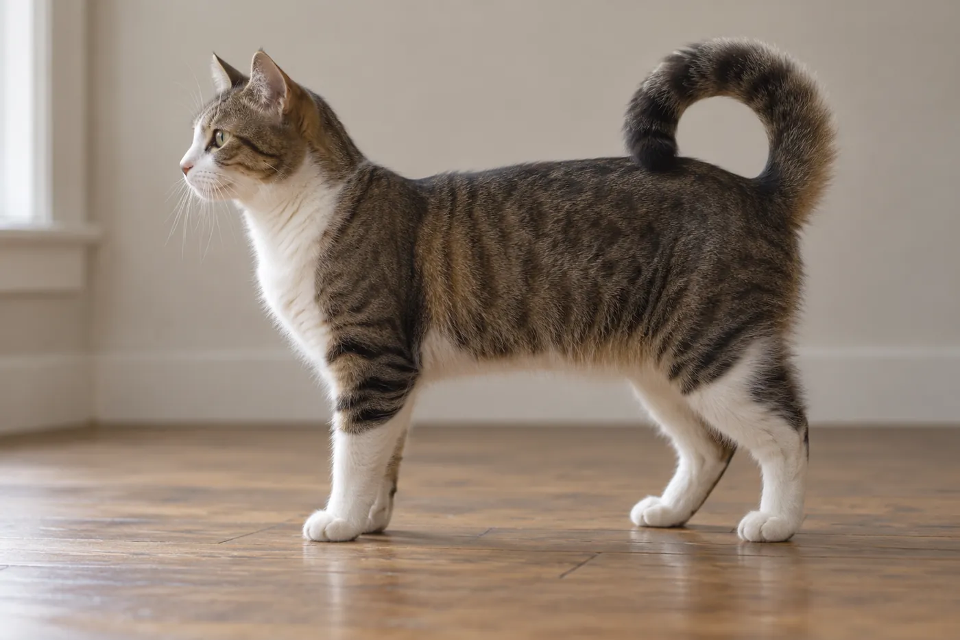 A cat in profile carrying its long tail in a smooth ring over its back
