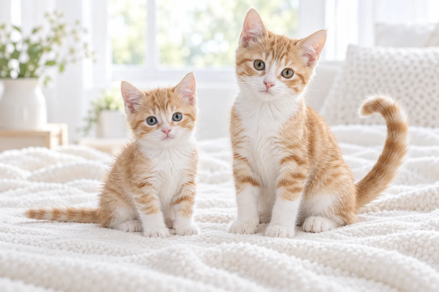 A very young straight-tailed kitten beside an older kitten whose tail has begun to curve