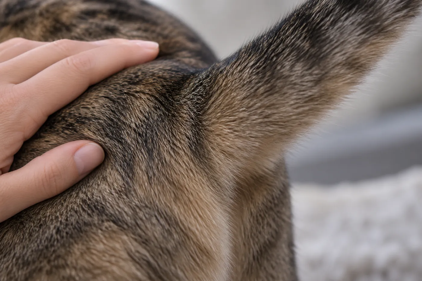 Close view of the base of a cat's tail with a hand resting lightly alongside