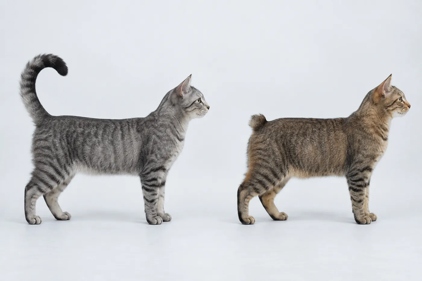 A long-tailed cat curling its tail over its back beside a naturally short-tailed cat, in profile at equal scale