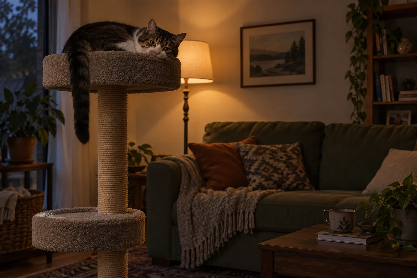 A cat resting on the top platform of a tall cat tree in a living room, tail hanging straight down