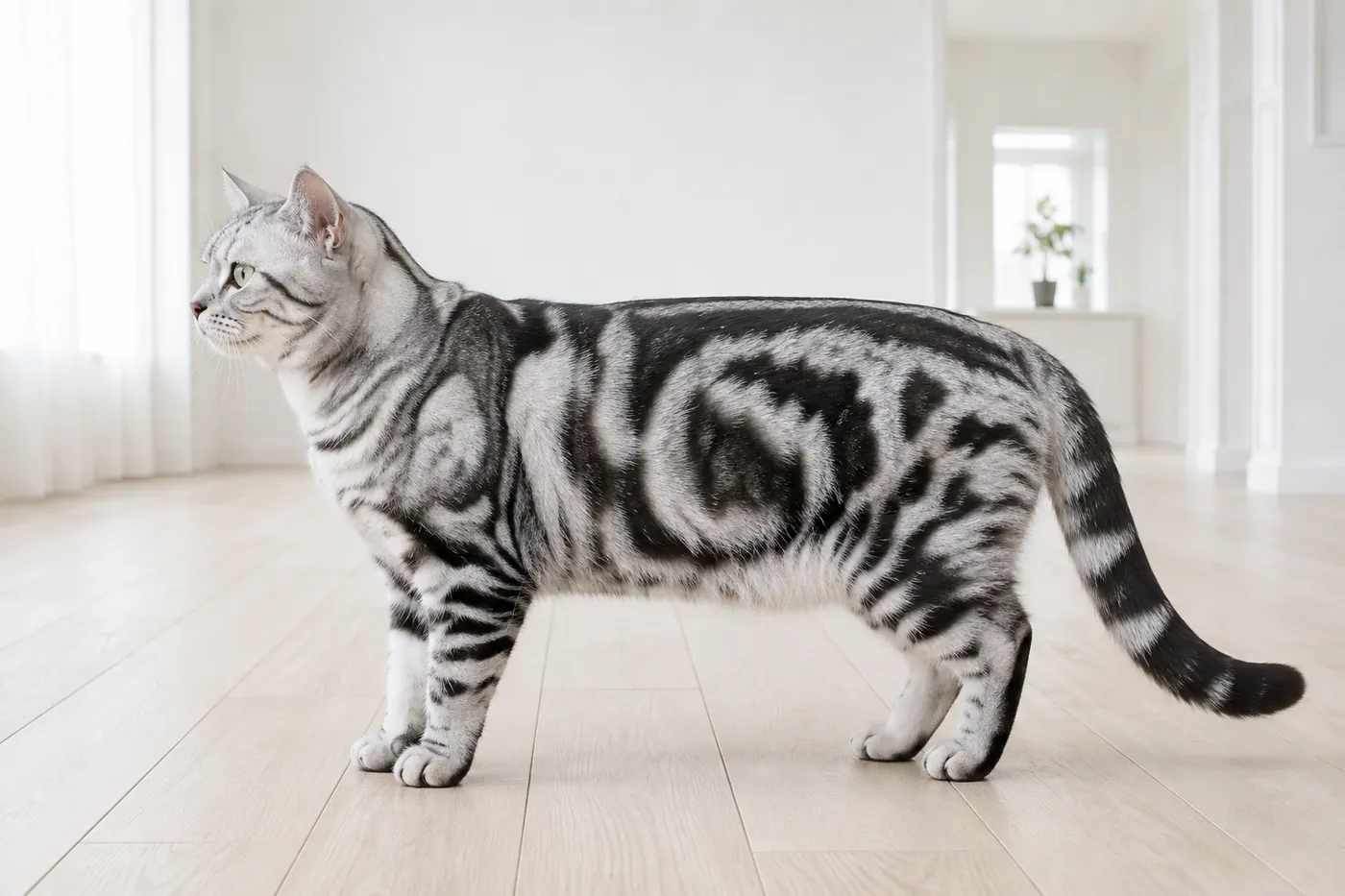 A silver classic tabby cat standing at full length in profile on a pale floor in a bright room