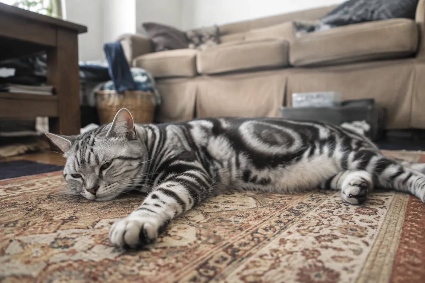 An adult cat lying stretched out and relaxed on a rug in an ordinary living room