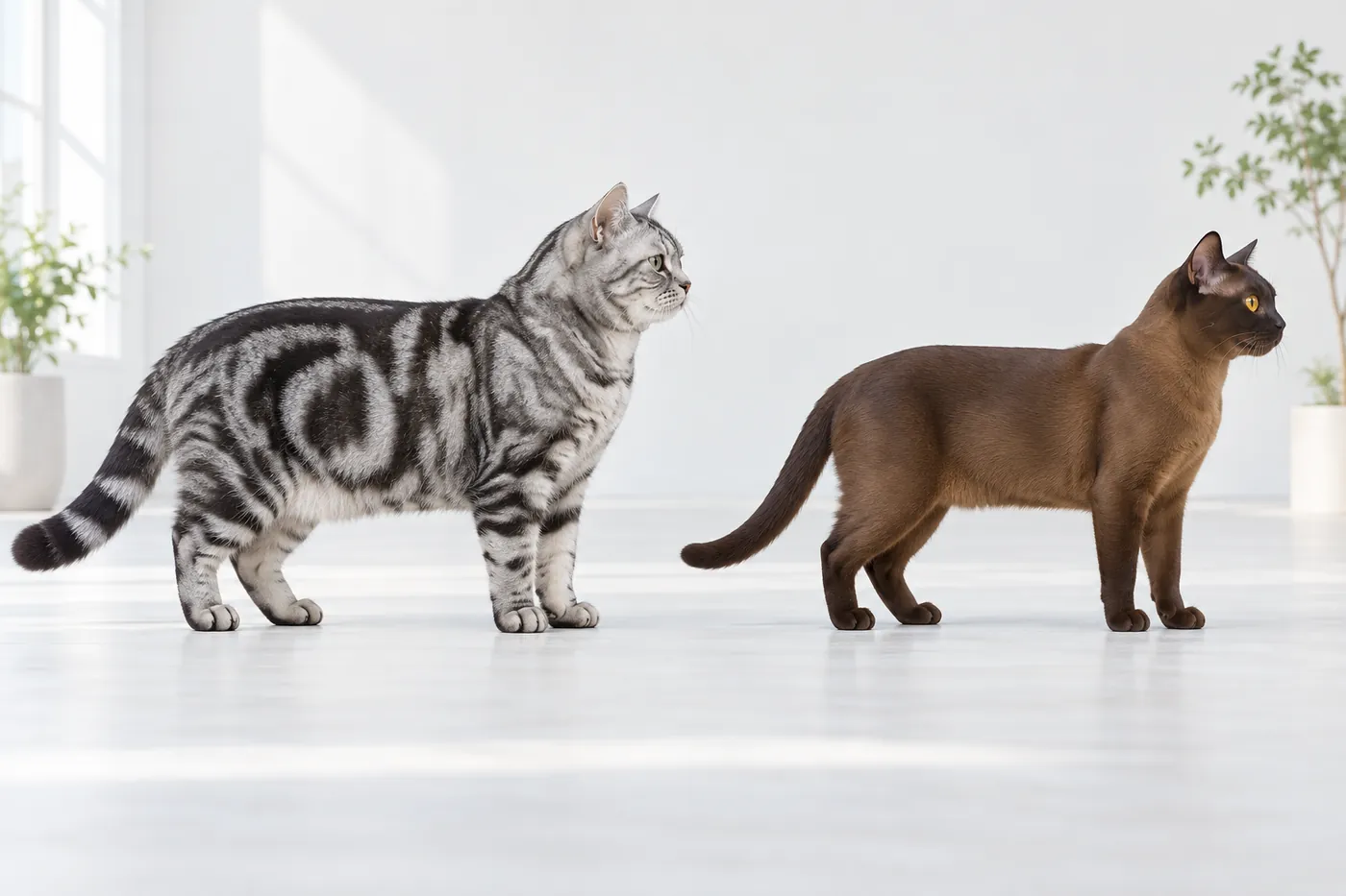 An American Shorthair and a Burmese standing in side profile on the same baseline