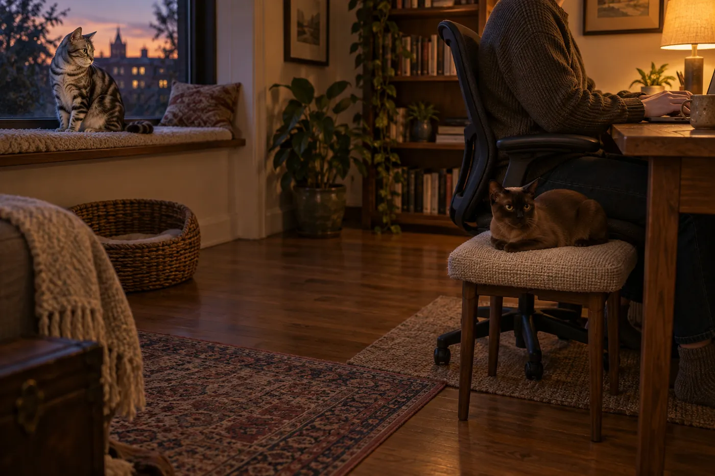 An American Shorthair watching from a window perch while a Burmese rests beside a person working at a desk