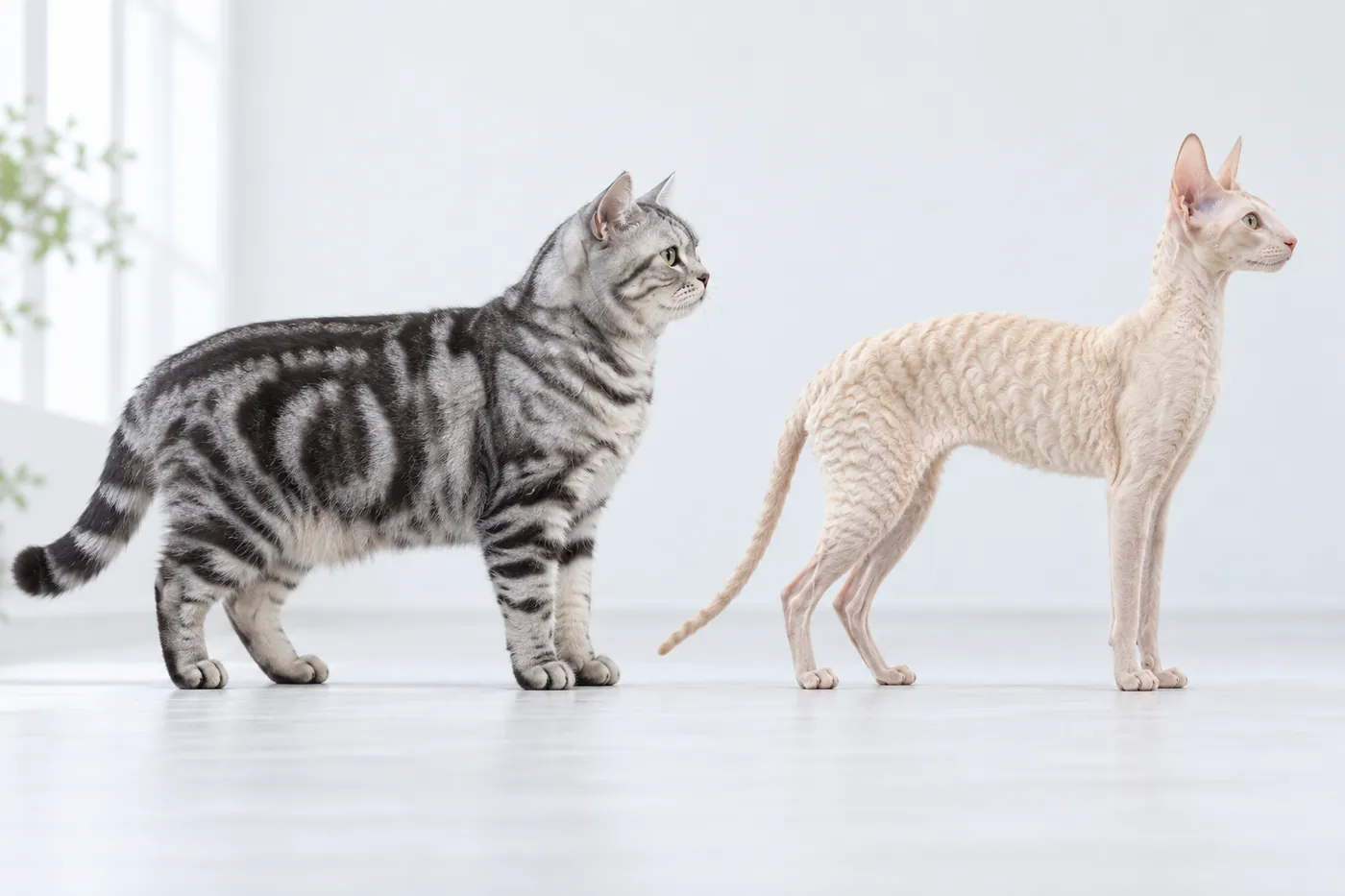 An American Shorthair and a Cornish Rex standing at equal scale on the same baseline
