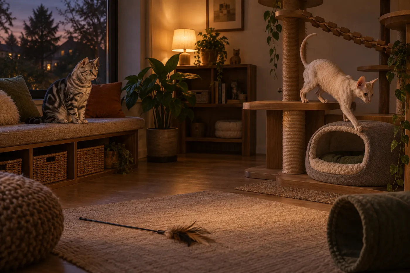 A Cornish Rex using a warm covered bed near a stable climbing route while an American Shorthair watches from a broad perch