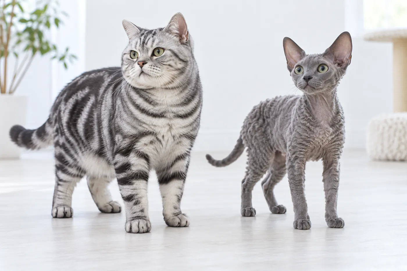 An American Shorthair and a Devon Rex standing at equal scale in three-quarter view