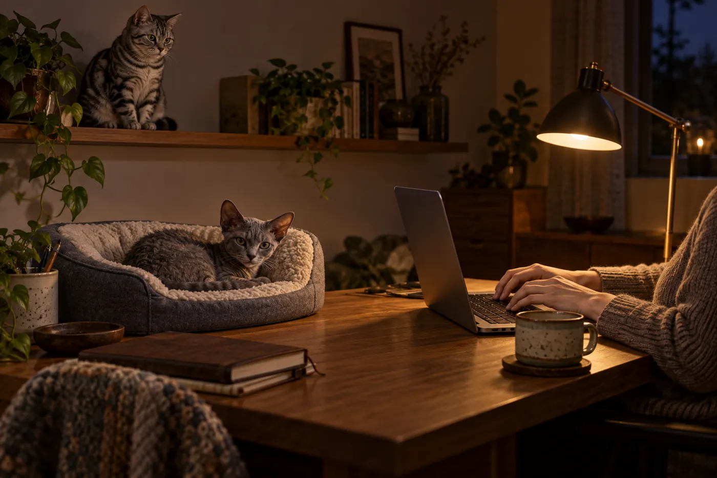 An American Shorthair watching from a shelf while a Devon Rex rests beside a person at a home desk