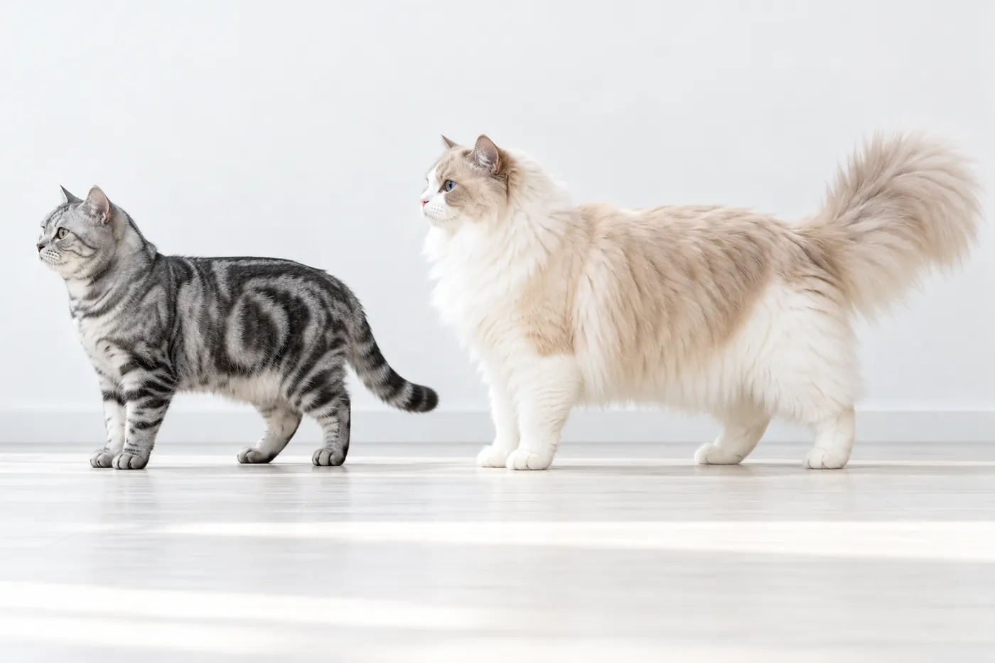 An American Shorthair and a large RagaMuffin standing on the same baseline