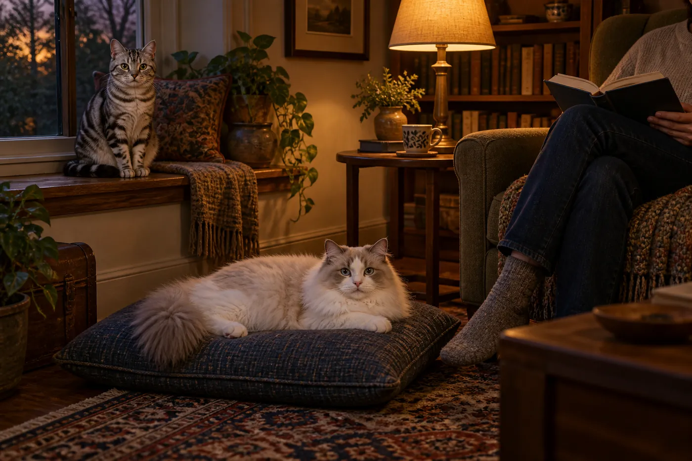 An American Shorthair watching from a window bench while a RagaMuffin rests beside a person in a reading chair