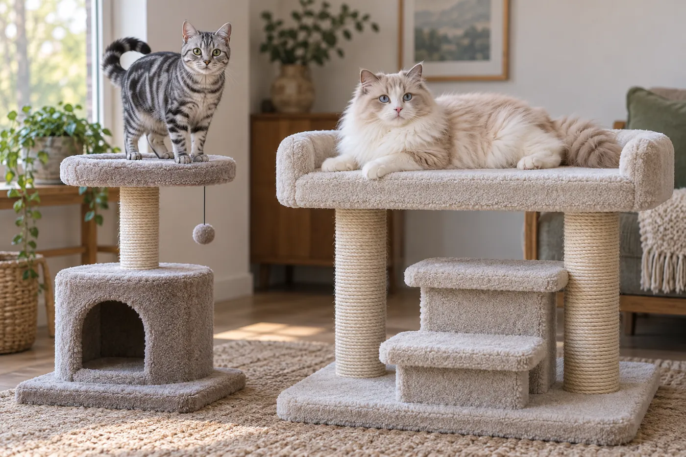 An American Shorthair using a sturdy cat tree while a RagaMuffin rests on a wider reinforced platform