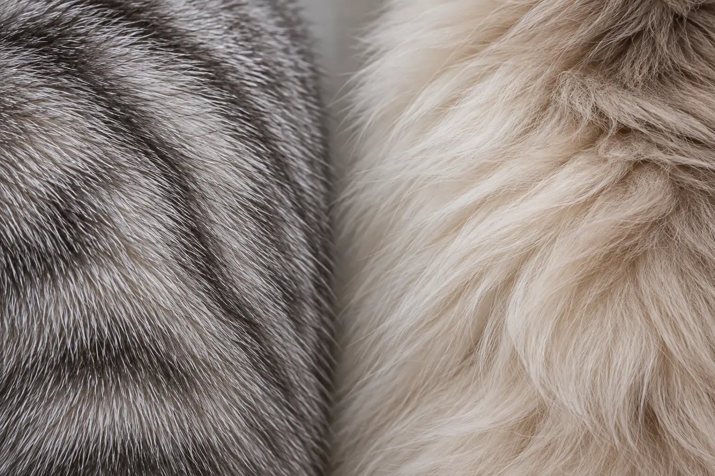 Close comparison of a dense short American Shorthair coat and a deep silky RagaMuffin coat
