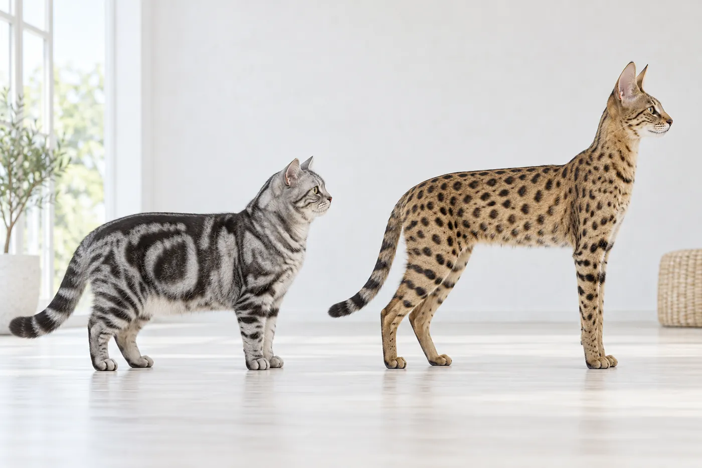 An American Shorthair and a spotted Savannah standing in side profile on the same baseline