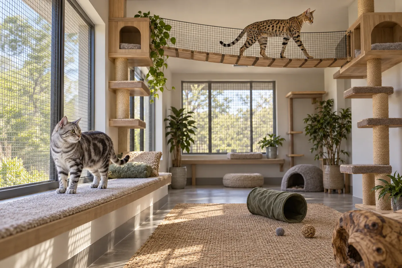 An American Shorthair using a broad perch while a Savannah crosses a reinforced climbing route in a secure room