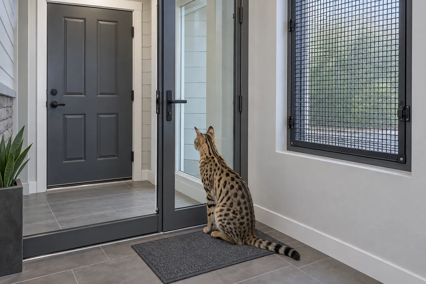 A secure home entry with two closed doors, a robust window screen and a Savannah waiting on a mat