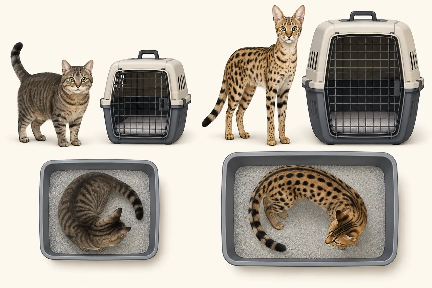 A scale illustration comparing carrier height and litter tray turning room for an American Shorthair and a Savannah