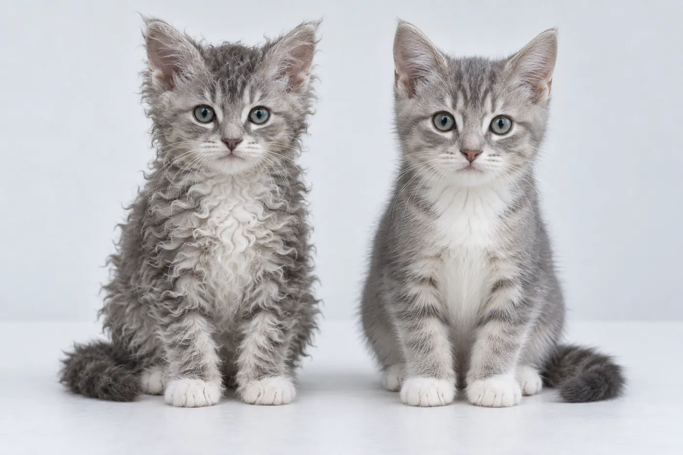 Two kittens of the same litter side by side, one with a crimped coat and one with a smooth flat coat