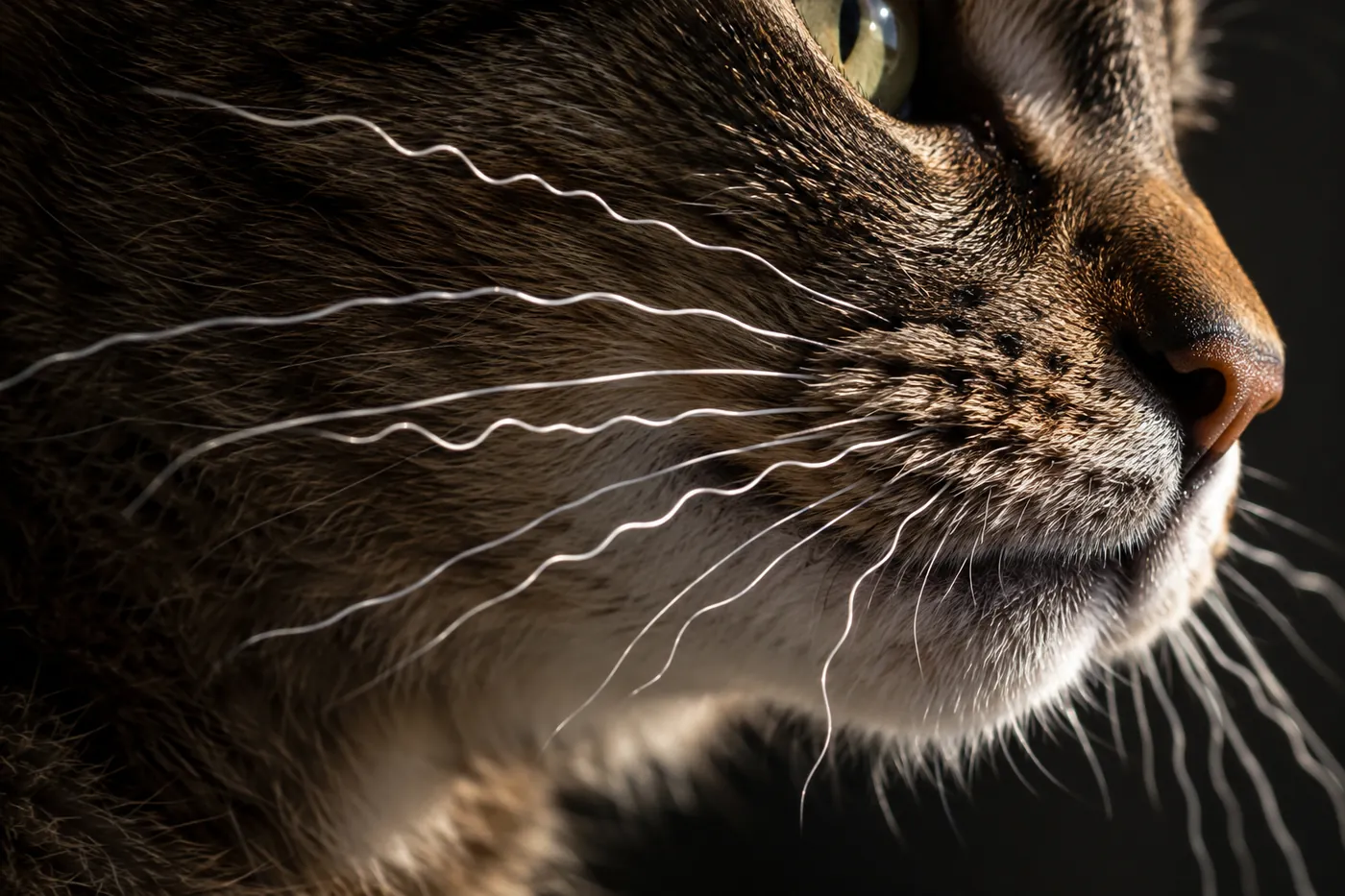 Close side view of a cat's muzzle showing visibly crimped, wavy whiskers