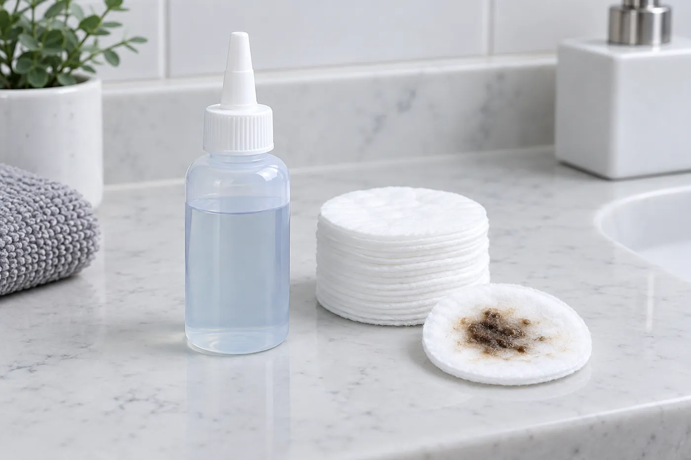 Veterinary ear cleaner, clean cotton pads and one pad carrying dark brown wax on a counter