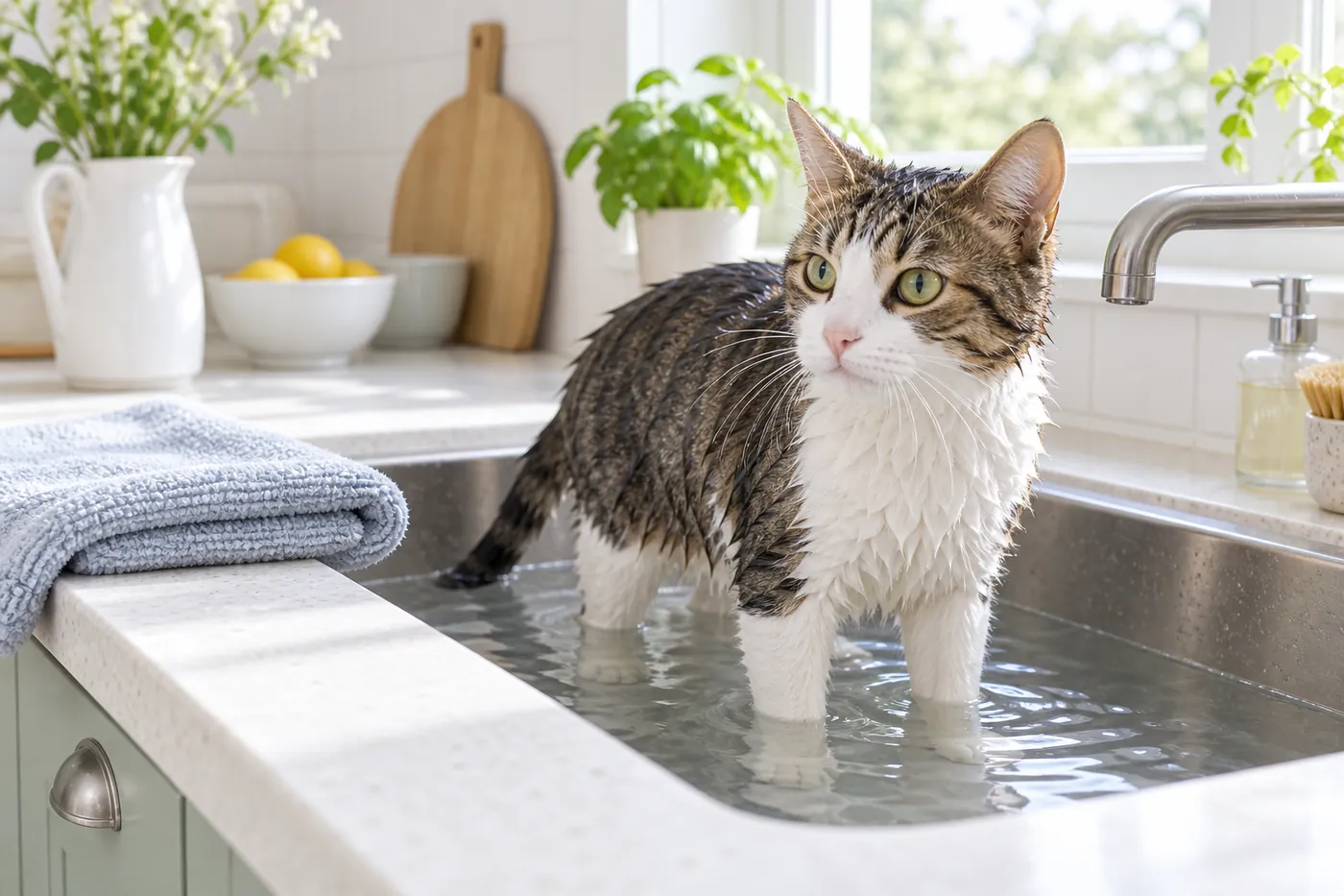 A calm cat standing in shallow water in a kitchen sink beside a folded towel