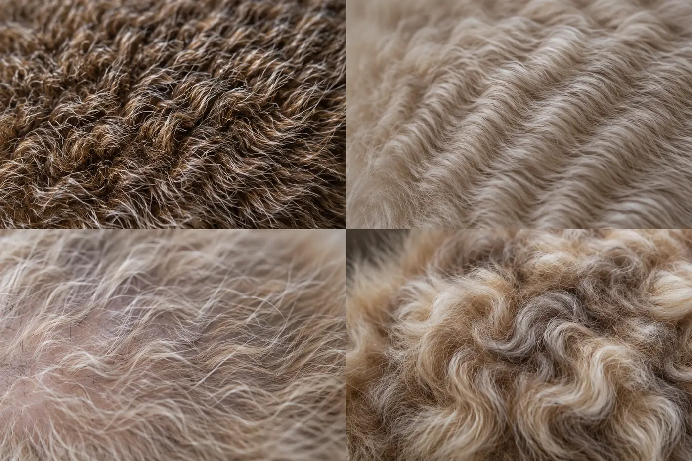 Four close views of cat coat texture: crimped wiry hairs, tight even waves, sparse loose waves and plush curls