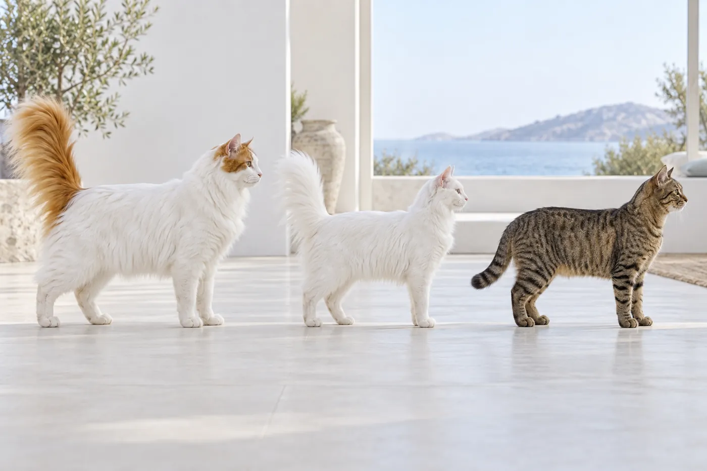 Three cats in side profile: two semi-long white cats, one with a coloured head and tail, and a short-coated brown tabby