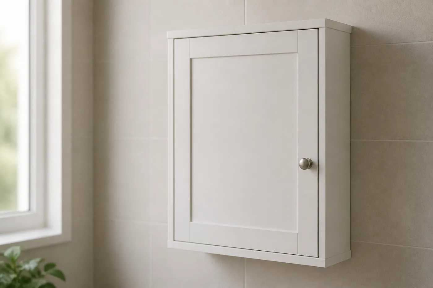 A closed bathroom cabinet with medicine stored behind the door