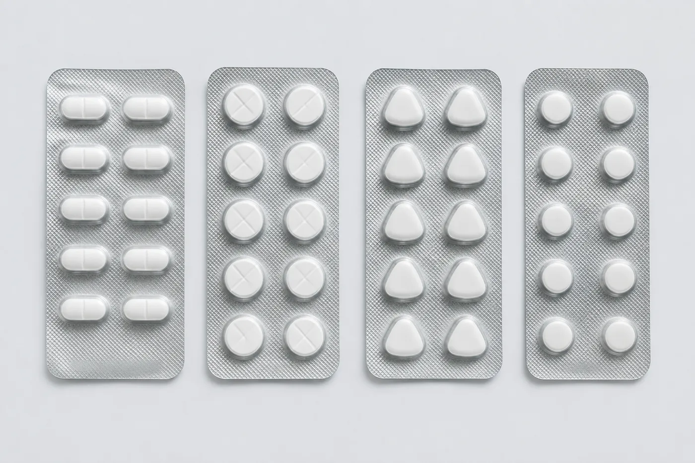 Four blister strips of different tablets laid out in a row