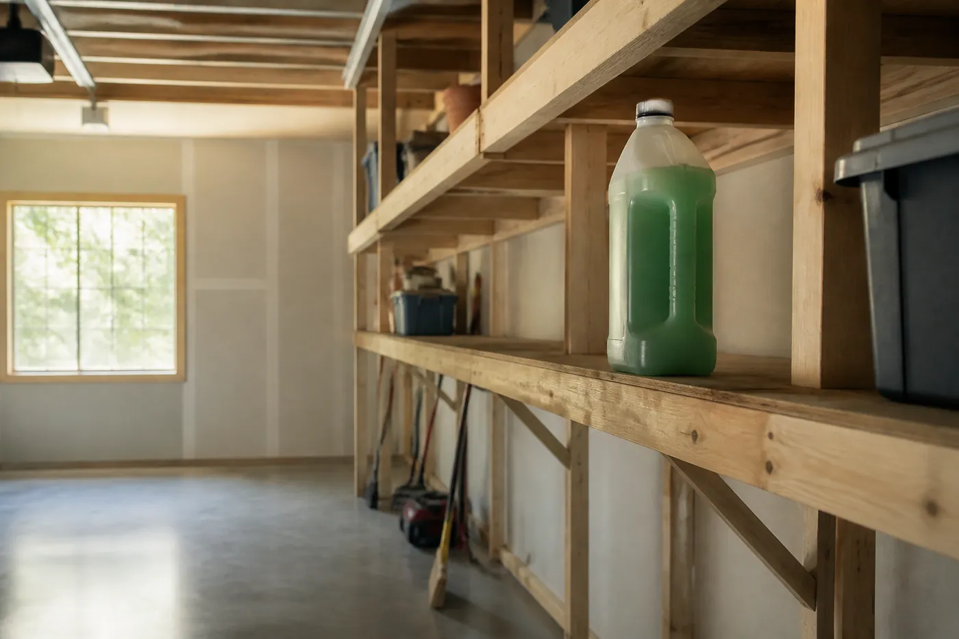 A sealed coolant bottle standing on a high garage shelf above a clean floor