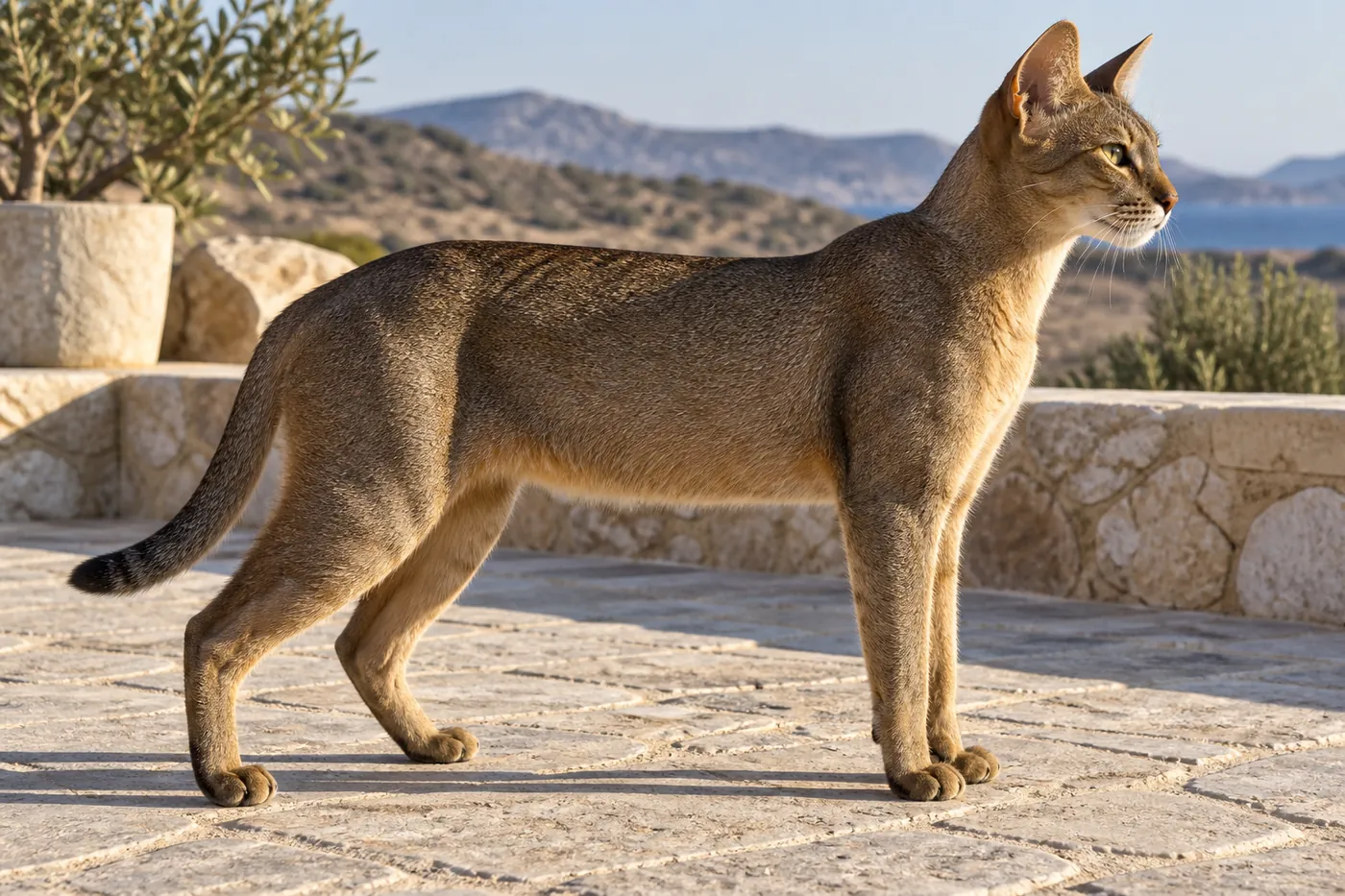 A long-legged shorthaired cat standing in profile on a sunlit pale stone terrace