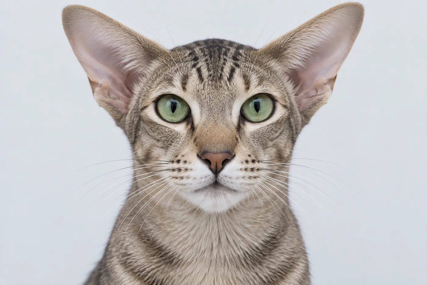 Head-on portrait of a shorthaired cat with very large high-set ears and pronounced whisker pads