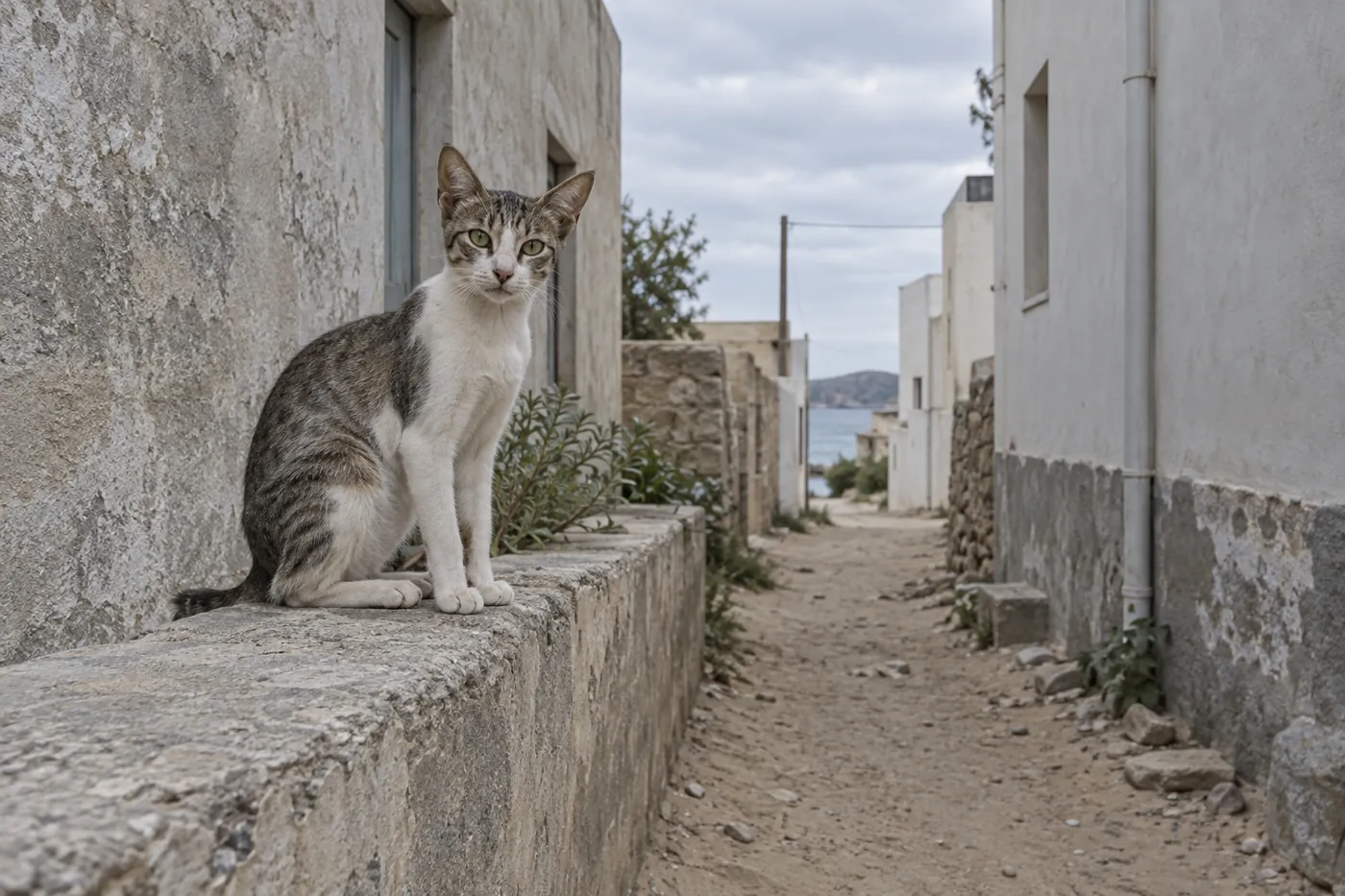 A short-coated long-legged cat sitting on a low wall in a sandy alley between plain buildings