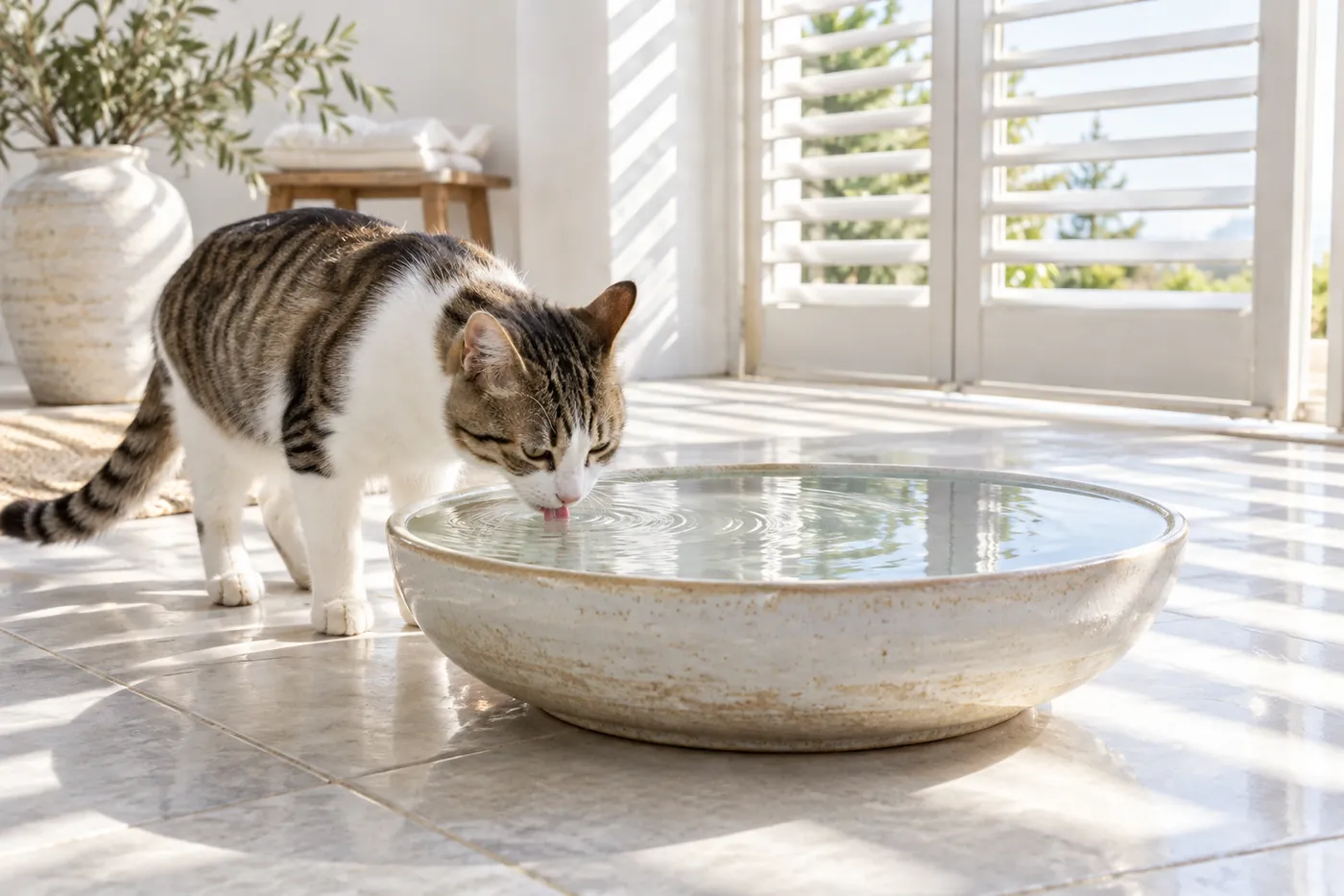 A wide shallow ceramic water bowl on a cool tiled floor with a cat drinking from it