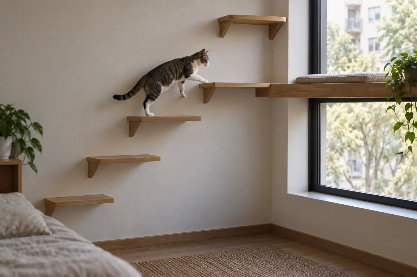 A cat climbing a run of wall-mounted shelves toward a window platform in a plain room