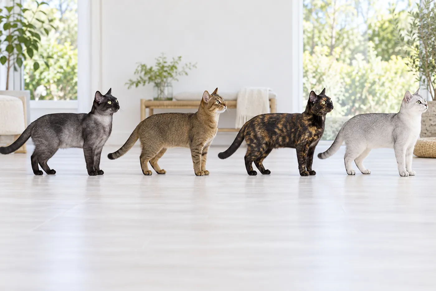 Four compact short-coated cats in profile: black smoke, brown ticked tabby, black and red tortoiseshell, silver shaded