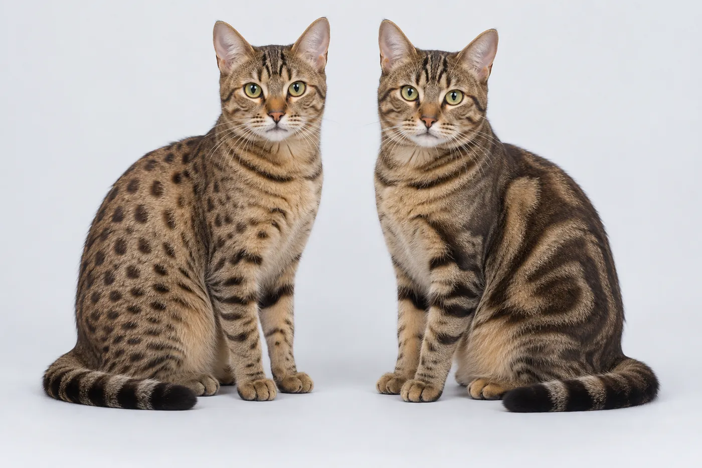 A spotted cat and a marbled cat of the same colouring side by side in profile