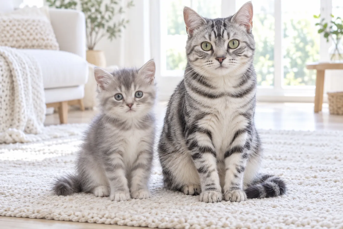 A kitten with blurred indistinct markings beside an adult of the same colouring with sharp pattern